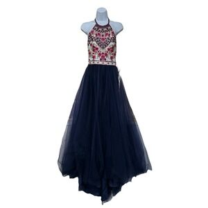Morilee Madeline Gardner Blue Tulle‎ Prom Gown Floral Embroidered Bodice Size XS